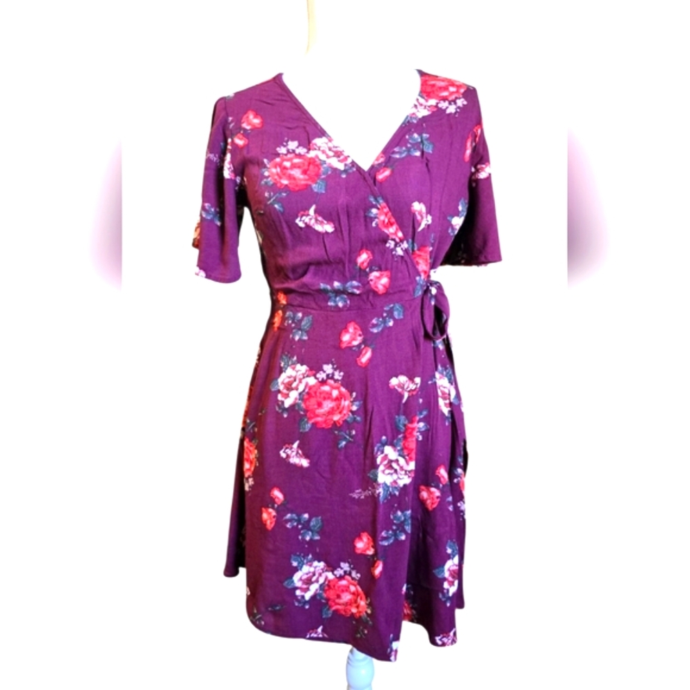 Xhilaration Pink and Orange Wrap Sundress with Flutter Sleeves